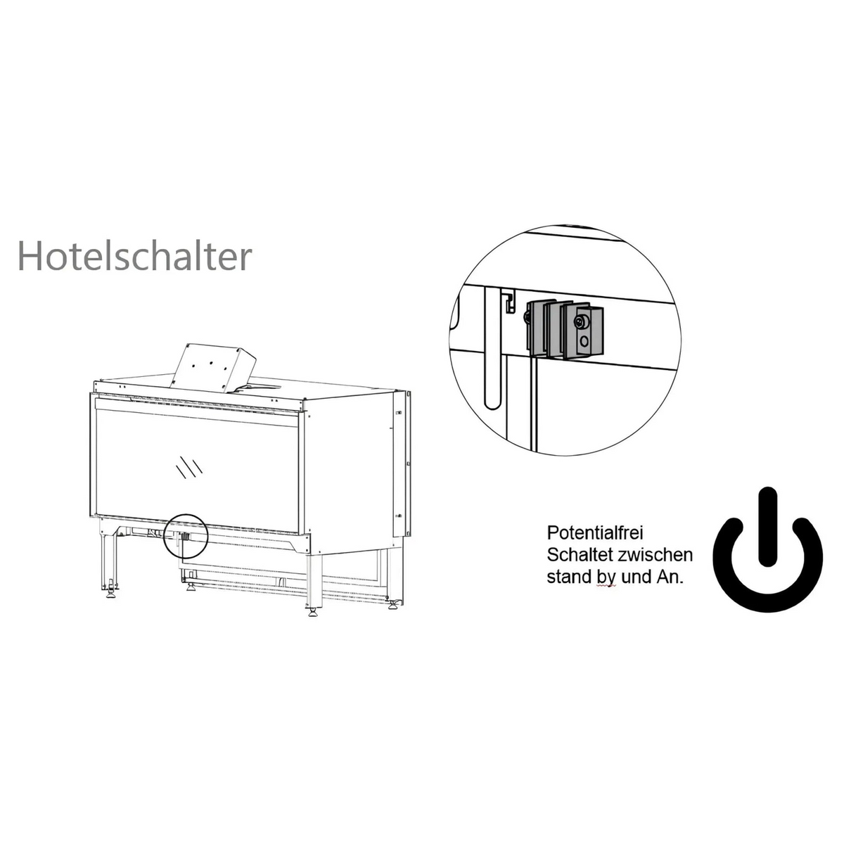 Elektrokamin Kalfire E-one 160F – Technische Darstellung des Hotelschalters mit Anschlussdetail