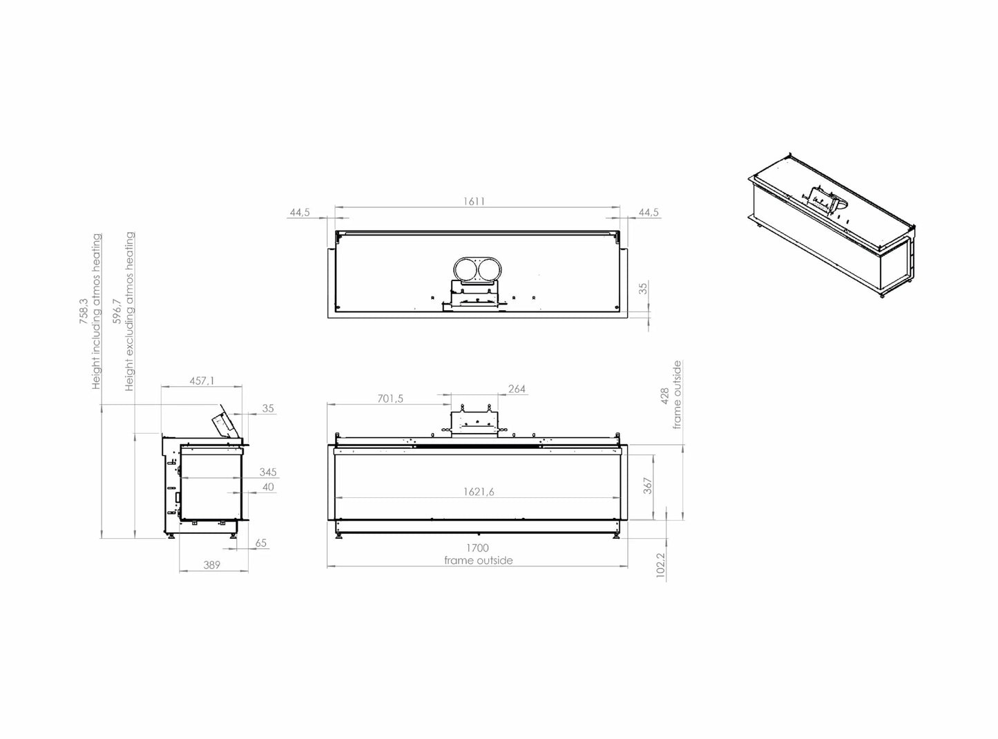 Elektrokamin Kalfire E-one 160S Technische Zeichnung - ofenerlebnis.de