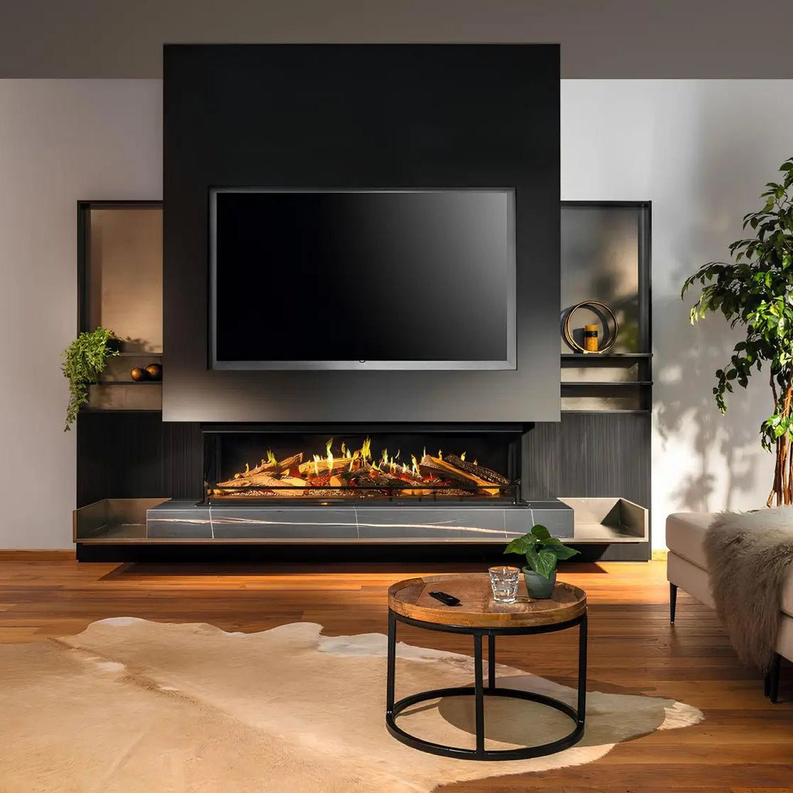 Elektrokamin Kalfire E-one 160S – Frontansicht des Elektrokamins unter einem Fernseher im Wohnraum