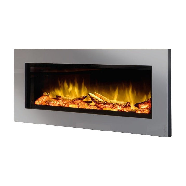 Elektrokamin Wodtke feel the flame No. 1 prime – Elektrokamin mit grauem Rahmen und Flammenbild in schräger Ansicht