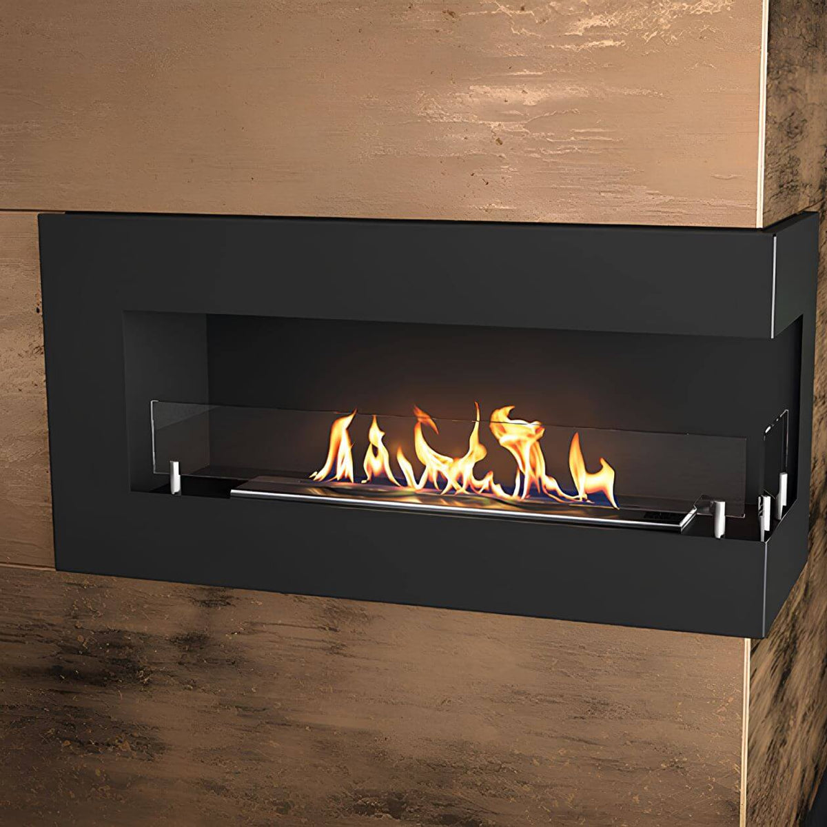 Ethanol Wandkamin Hitze Soul R – Brennender Eckkamin an einer hellen Wand