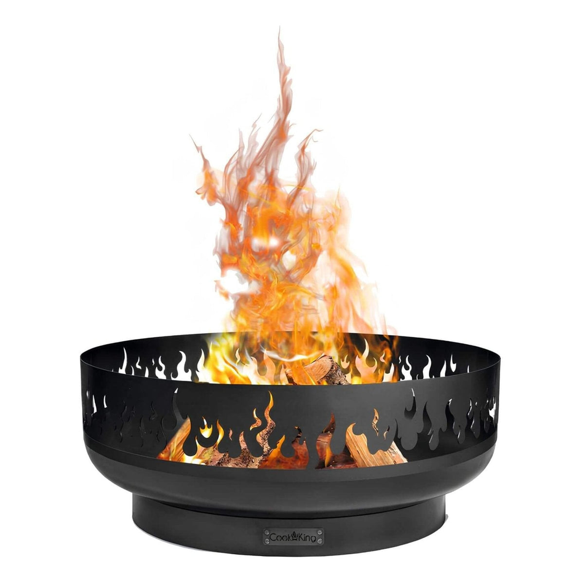 Feuerschale CookKing Fire 80 cm – Feuerschale mit Flammenmuster und brennendem Holz auf weißem Hintergrund