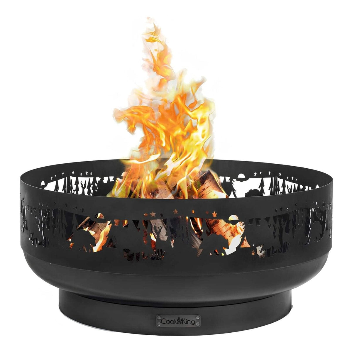 Feuerschale CookKing Forest 80 cm – Feuerschale mit brennenden Holzscheiten auf weißem Hintergrund