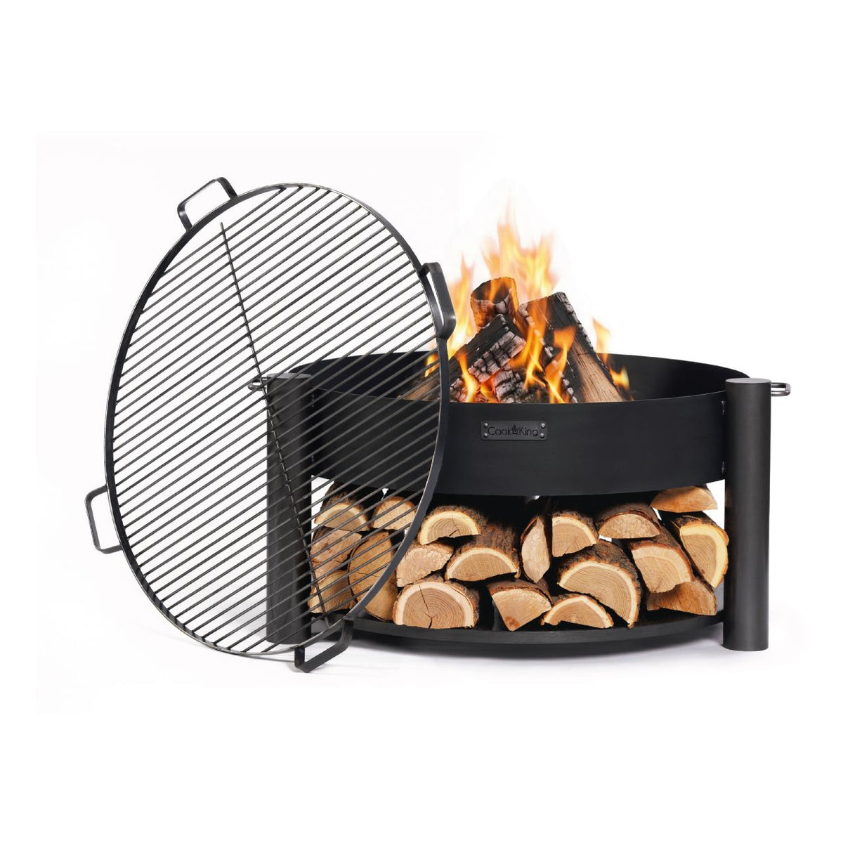 Feuerschale CookKing MONTANA 80 cm mit Grillrost 80 cm (4 Griffe) – Feuerschale mit Holzablage und angelehntem Grillrost