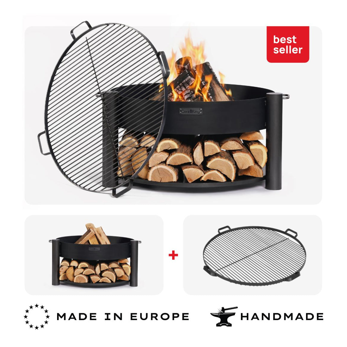 Feuerschale CookKing MONTANA 80 cm mit Grillrost 80 cm (4 Griffe) – Übersicht des Sets aus Feuerschale und Grillrost