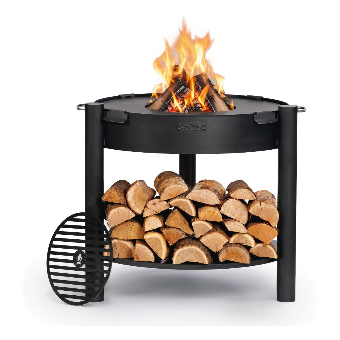 Feuerschale CookKing Montana hoch 80 cm + Grillplatte 78 cm (4 Griffe) und Grillrost 37 cm – Hohe Feuerschale mit Holzablage und Grillplatte