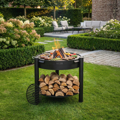 Feuerschale CookKing Montana hoch 80 cm + Grillplatte 78 cm (4 Griffe) und Grillrost 37 cm – Hohe Feuerschale mit Grillplatte im Garten