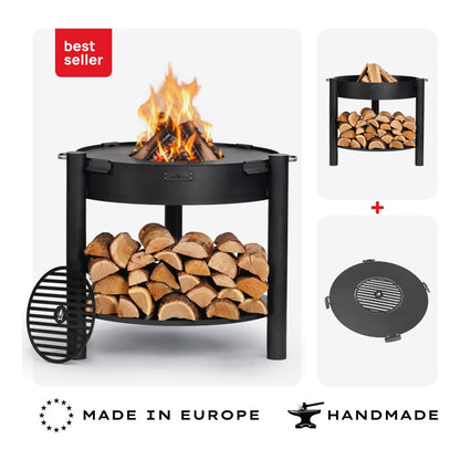 Feuerschale CookKing Montana hoch 80 cm + Grillplatte 78 cm (4 Griffe) und Grillrost 37 cm – Übersicht des Sets aus hoher Feuerschale und Grillplatte