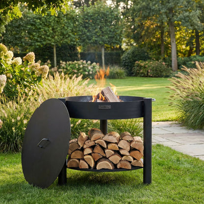 Feuerschale CookKing Montana hoch 80 cm mit Deckel 82 cm – Hohe Feuerschale mit angelehntem Deckel im Garten