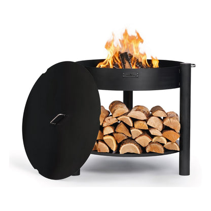 Feuerschale CookKing Montana hoch 80 cm mit Deckel 82 cm – Hohe Feuerschale mit Holzablage und angelehntem Deckel