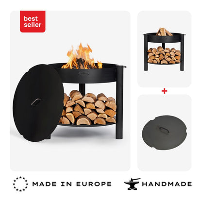 Feuerschale CookKing Montana hoch 80 cm mit Deckel 82 cm – Übersicht des Sets aus hoher Feuerschale und Deckel