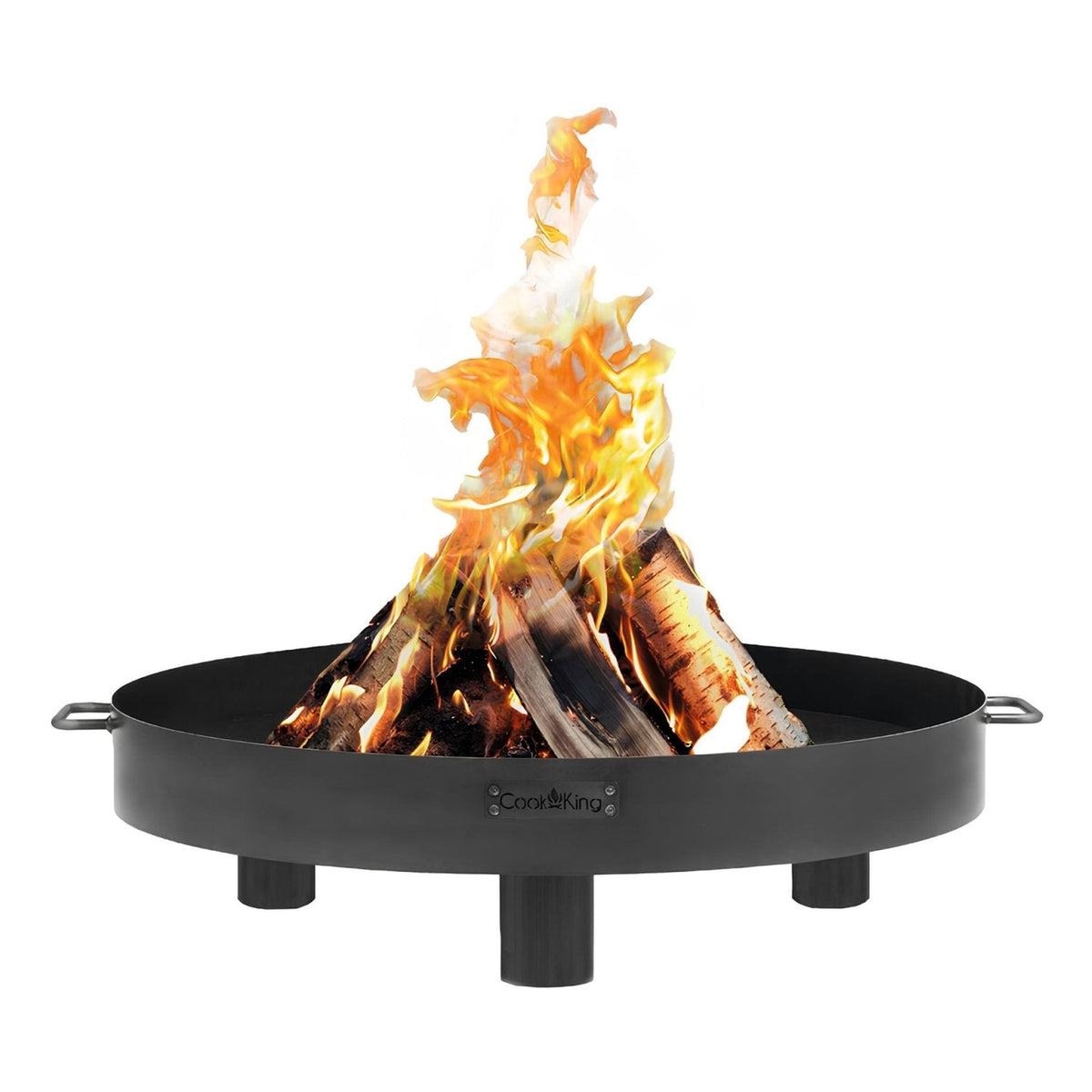 Feuerschale CookKing Tunis – Flache Feuerschale mit Griffen und Feuer auf Weiß