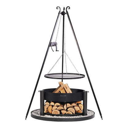 Feuerschale MONTANA 80 cm + Schwenkgrill 180 cm mit Kurbel + Grillrost aus Rohstahl 70 cm und Feuerschalenbasis rund – Feuerschale mit Schwenkgrill und runder Bodenplatte