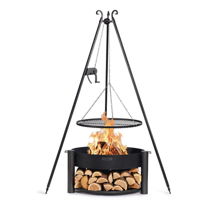 Feuerschale MONTANA 80 cm + Schwenkgrill 180 cm mit Kurbel) und Grillrost aus Rohstahl 70 cm – Feuerschale unter einem Schwenkgrill