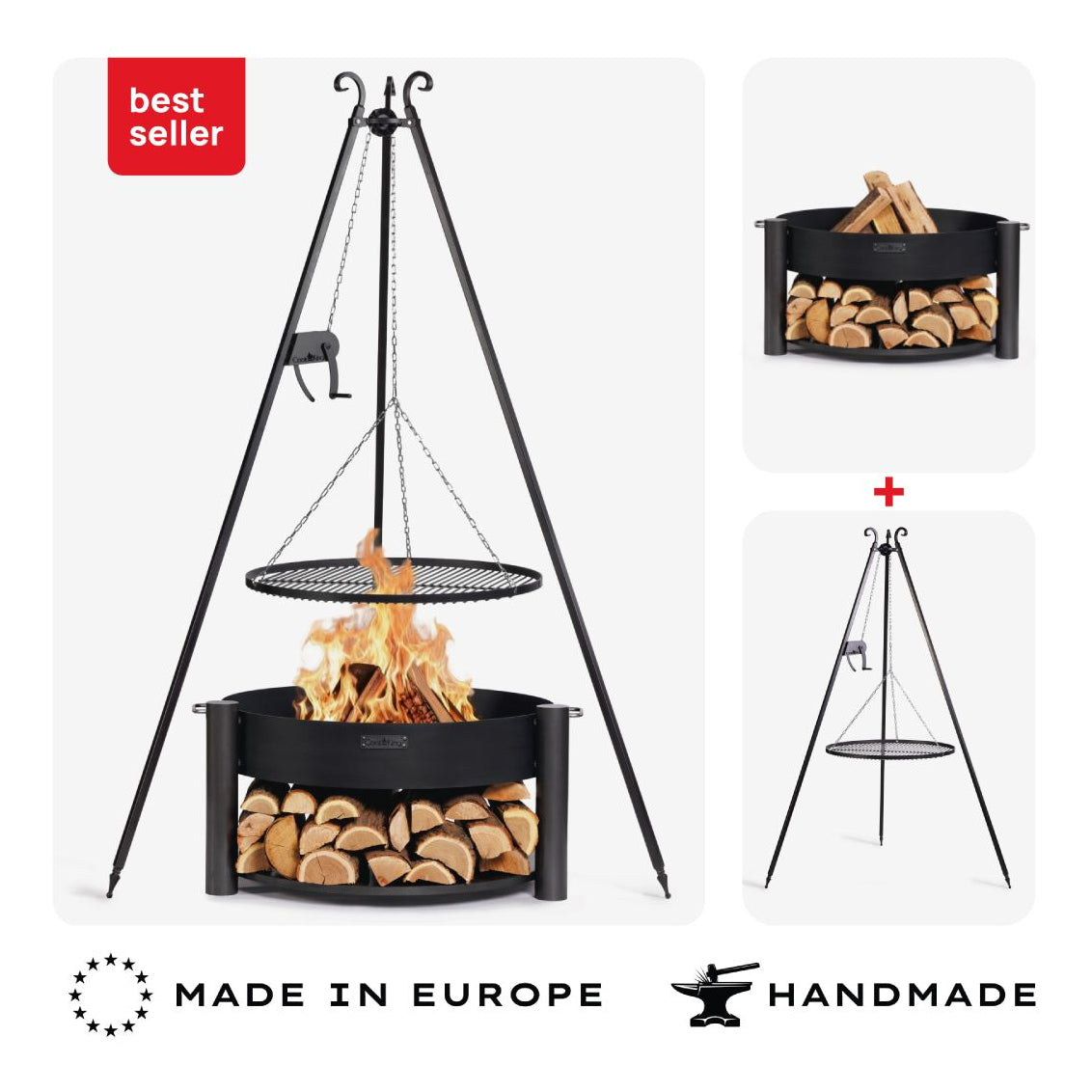 Feuerschale MONTANA 80 cm + Schwenkgrill 180 cm mit Kurbel) und Grillrost aus Rohstahl 70 cm – Übersicht des Sets aus Feuerschale und Schwenkgrill