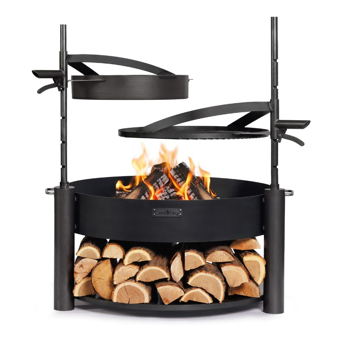 Feuerschale MONTANA X 80 cm + Grillrost 60 cm + Mast und Pfanne aus Rohstahl 50 cm – Feuerschale mit schwenkbarem Rost und Pfanne