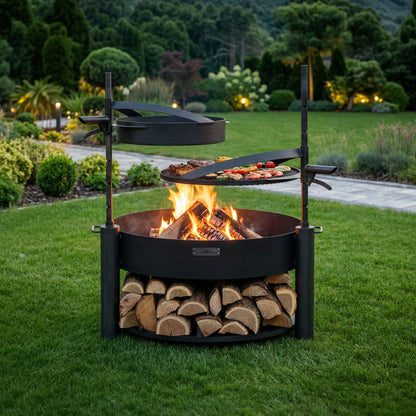 Feuerschale MONTANA X 80 cm + Grillrost 60 cm + Mast und Pfanne aus Rohstahl 50 cm – Feuerschale mit schwenkbarem Rost und Pfanne im Garten