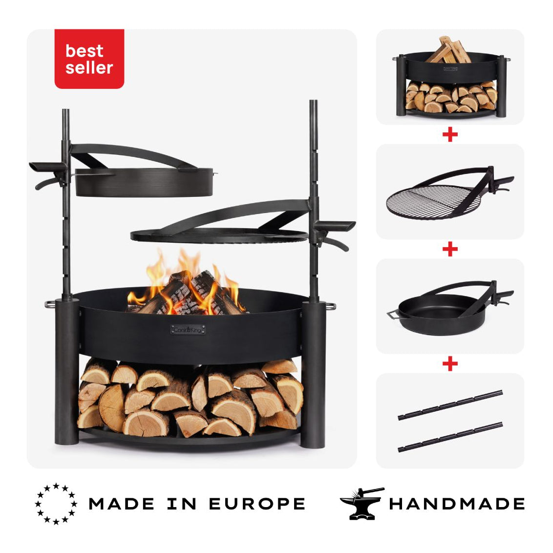 Feuerschale MONTANA X 80 cm + Grillrost 60 cm + Mast und Pfanne aus Rohstahl 50 cm – Übersicht des Sets mit schwenkbarem Rost und Pfanne
