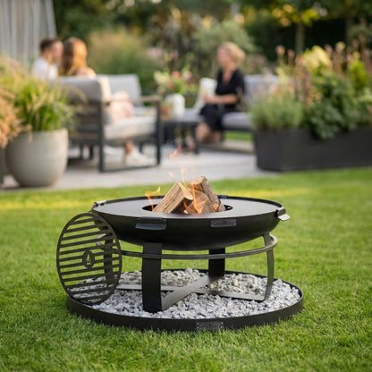Feuerschale Viking 80 cm + Grillrost + Grillplatte und Feuerschalenbasis rund – Feuerschale mit Grillplatte und Rost im Garten