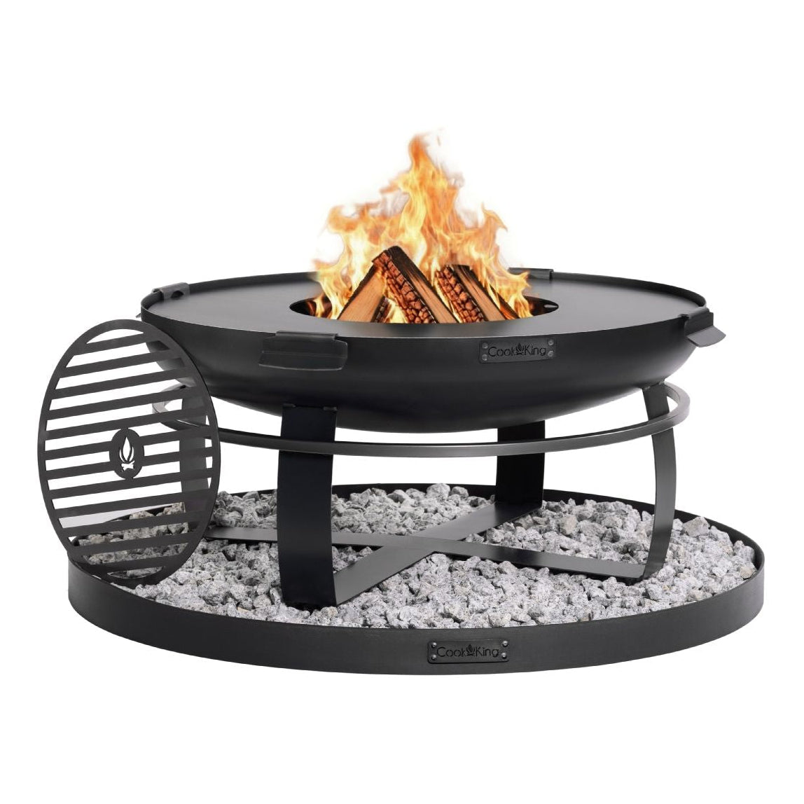 Feuerschale Viking 80 cm + Grillrost + Grillplatte und Feuerschalenbasis rund – Feuerschale mit Grillplatte, Rost und Bodenplatte