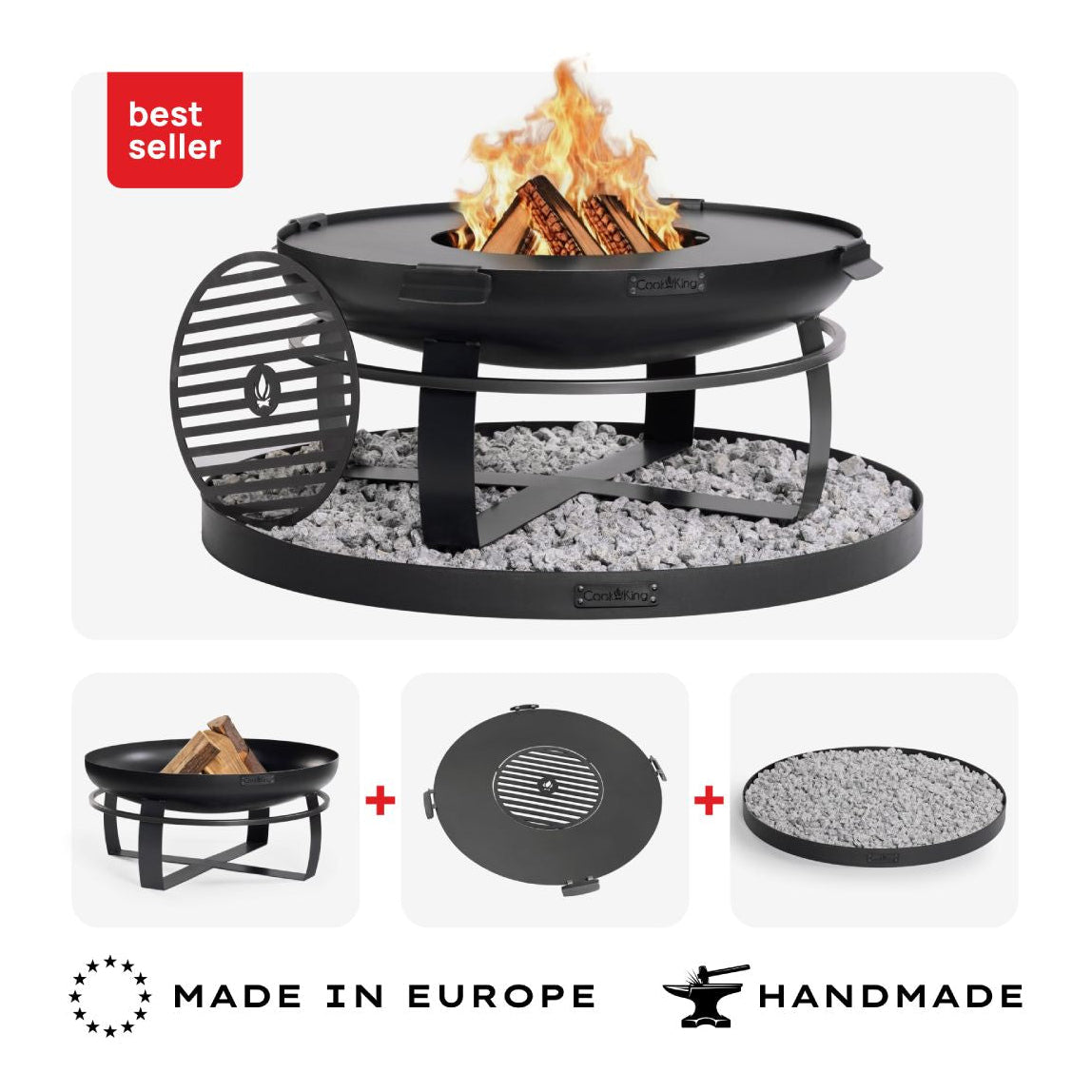 Feuerschale Viking 80 cm + Grillrost + Grillplatte und Feuerschalenbasis rund – Übersicht des Sets mit Grillplatte, Rost und Bodenplatte