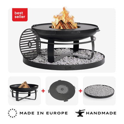 Feuerschale Viking 80 cm + Grillrost + Grillplatte und Feuerschalenbasis rund – Übersicht des Sets mit Grillplatte, Rost und Bodenplatte