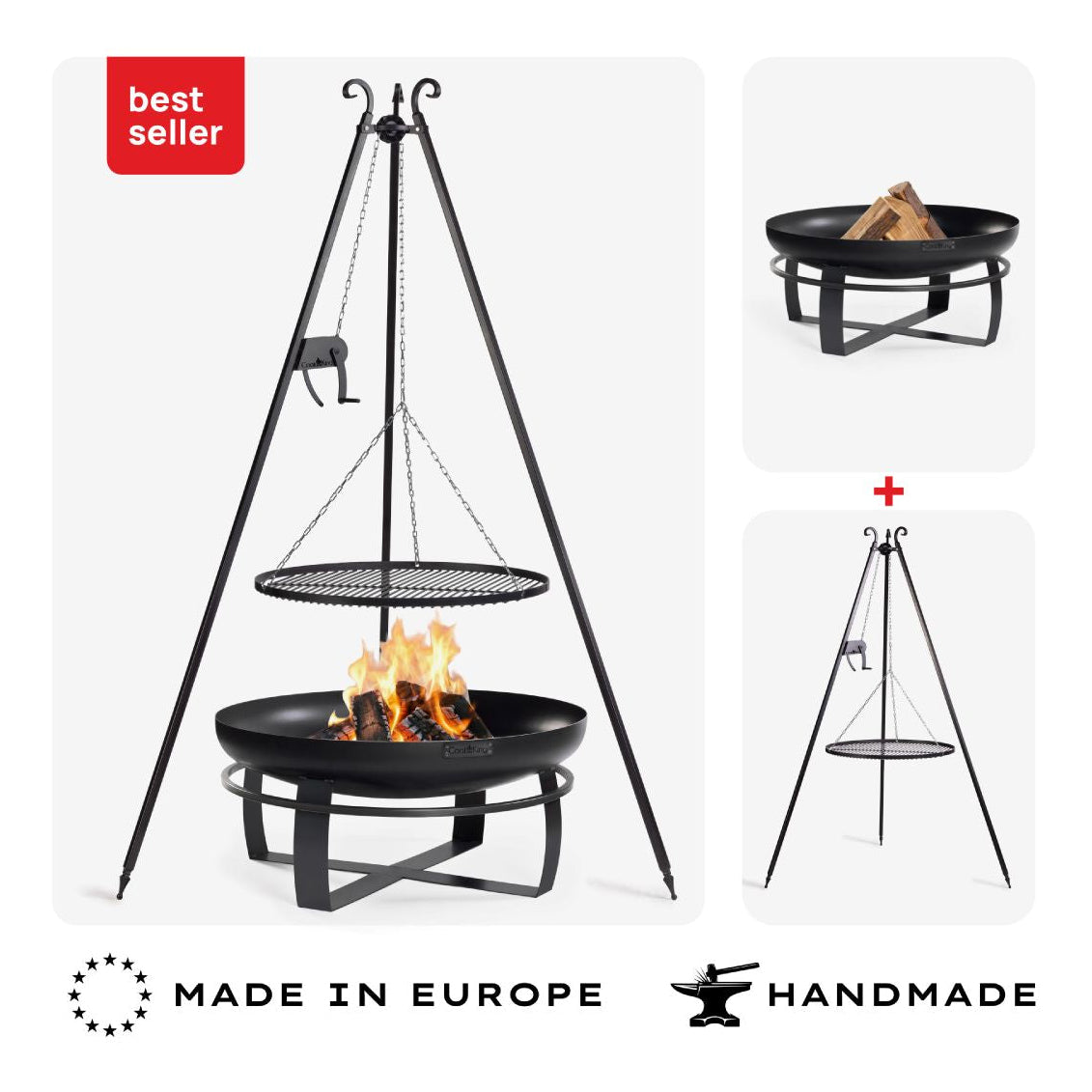 Feuerschale Viking 80 cm + Schwenkgrill 180 cm mit Kurbel + Grillrost aus Rohstahl 70 cm – Übersicht des Sets aus Feuerschale und Schwenkgrill