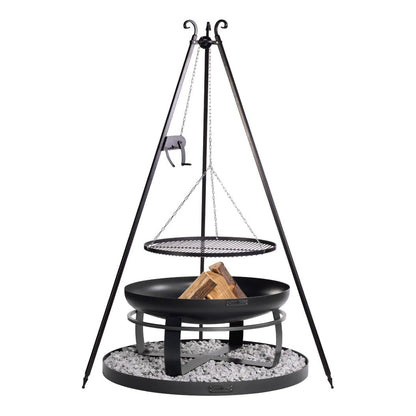 Feuerschale Viking 80 cm + Schwenkgrill 180 cm mit Kurbel + Grillrost und Feuerschalenbasis rund – Feuerschale mit Schwenkgrill und runder Bodenplatte