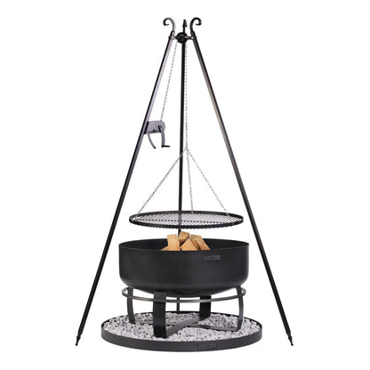 Feuerschale Viking XXL 80 cm + Schwenkgrill 180 cm mit Kurbel + Grillrost  70 cm und Feuerschalenbasis rund – Tiefe Feuerschale mit Schwenkgrill und Bodenplatte