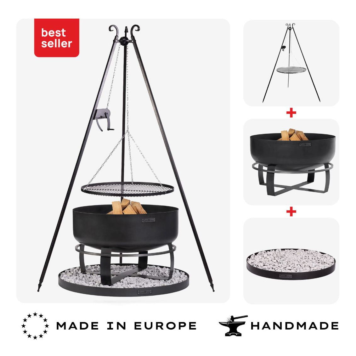 Feuerschale Viking XXL 80 cm + Schwenkgrill 180 cm mit Kurbel + Grillrost  70 cm und Feuerschalenbasis rund – Übersicht des Sets mit Schwenkgrill und Bodenplatte
