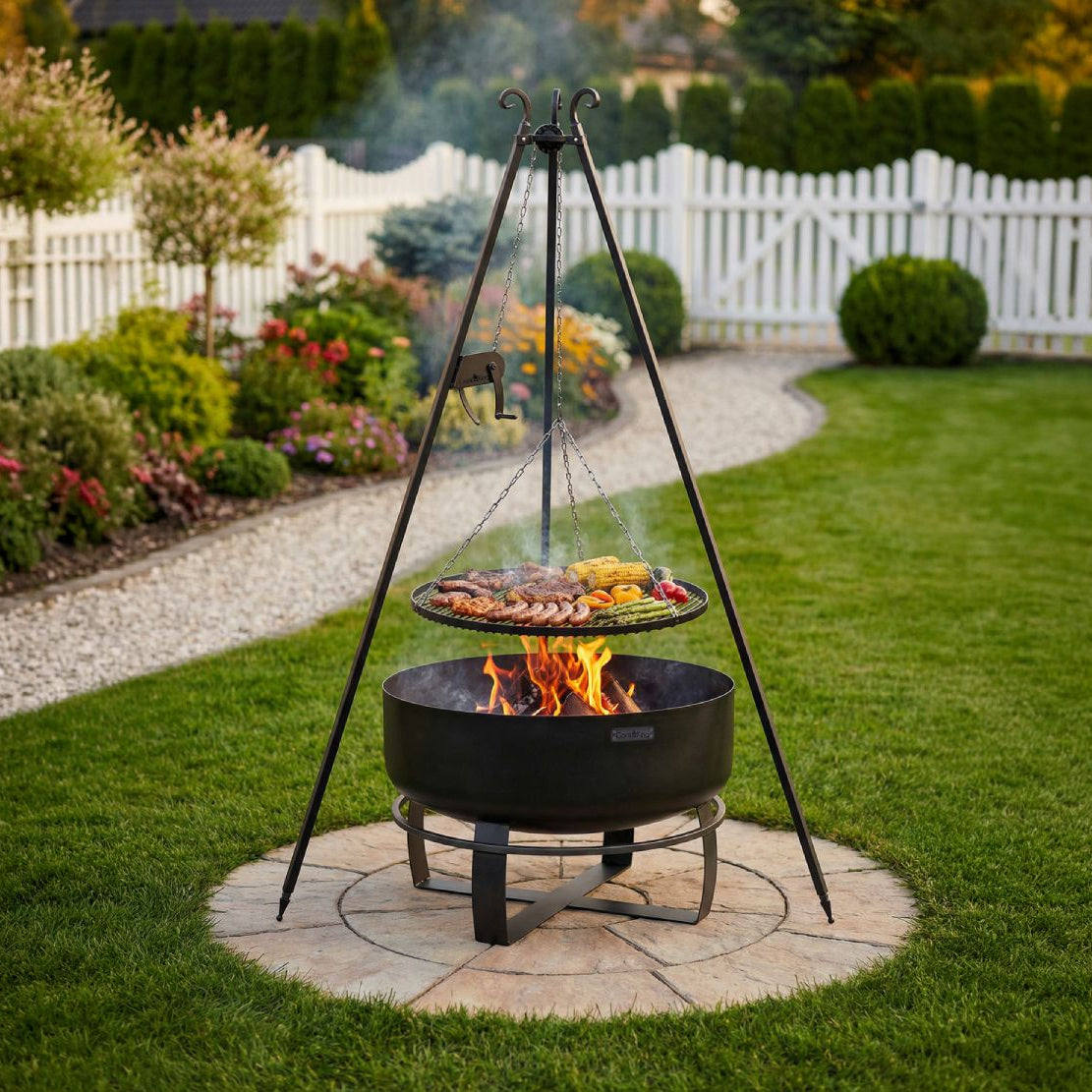 Feuerschale Viking XXL 80 cm + Schwenkgrill 180 cm mit Kurbel + Grillrost aus Rohstahl 70 cm – Tiefe Feuerschale unter einem Schwenkgrill im Garten