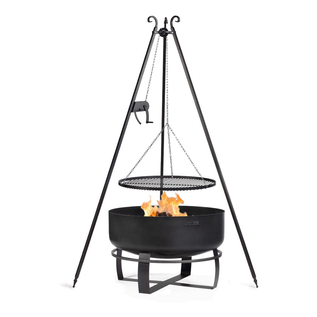 Feuerschale Viking XXL 80 cm + Schwenkgrill 180 cm mit Kurbel + Grillrost aus Rohstahl 70 cm – Tiefe Feuerschale unter einem Schwenkgrill