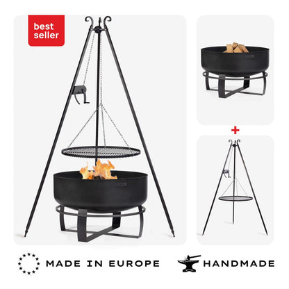 Feuerschale Viking XXL 80 cm + Schwenkgrill 180 cm mit Kurbel + Grillrost aus Rohstahl 70 cm – Übersicht des Sets mit Feuerschale und Schwenkgrill