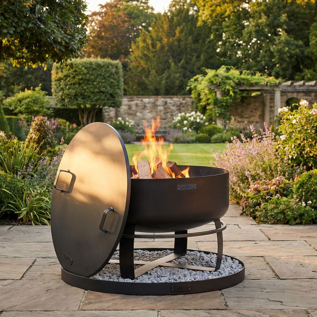 Feuerschale XXL Viking 80 cm + Deckel + Feuerschalenbasis rund – Tiefe Feuerschale mit Deckel im Garten