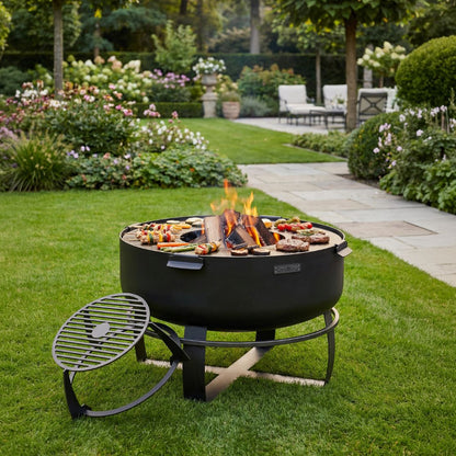 Feuerschale XXL Viking 80 cm + Grillplatte (4 Griffe) und hohem Grillrost – Tiefe Feuerschale mit Grillplatte und Rost im Garten