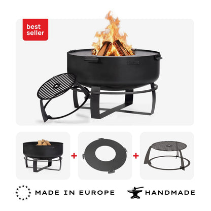 Feuerschale XXL Viking 80 cm + Grillplatte (4 Griffe) und hohem Grillrost – Übersicht des Sets mit Grillplatte und Rost