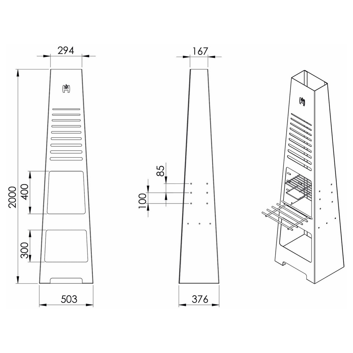 Gartenfeuerstelle Hitze Torre – Bemaßte technische Ansichten der turmförmigen Feuerstelle