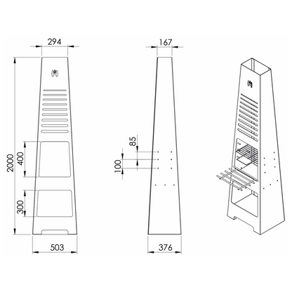 Gartenfeuerstelle Hitze Torre – Bemaßte technische Ansichten der turmförmigen Feuerstelle