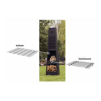 Gartenfeuerstelle Hitze Torre – Beschriftete Darstellung der Feuerstelle mit Grillrost und Zwischenrost