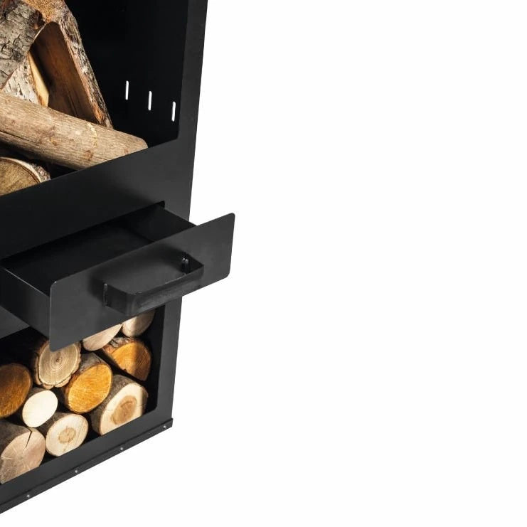 CookKing Gartenofen Rosa – Detail von Aschekasten und unterem Holzfach