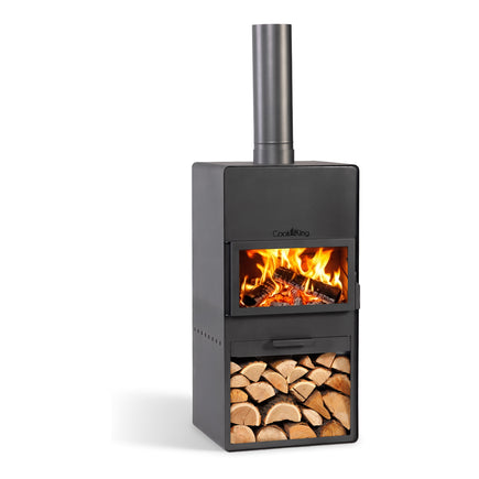 CookKing Gartenofen Vento mit gehärtetem Glas – Gartenofen mit verglaster Feuerraumtür und Holzablage