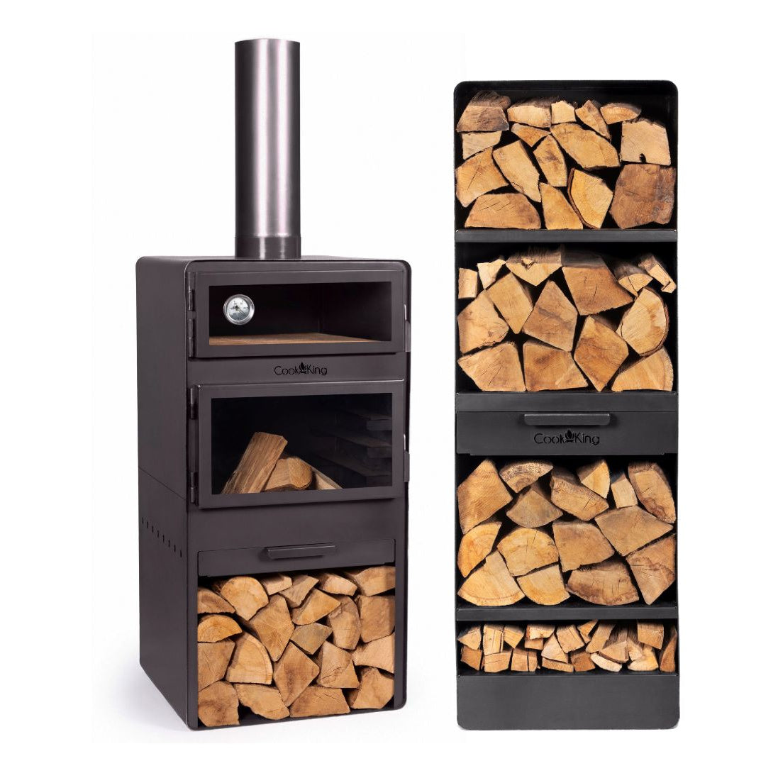Gartenofen Vento mit Backofen + Rohstahlrost und Holzregal 120×40×30 cm – Gartenofen mit Backofen neben einem Holzregal