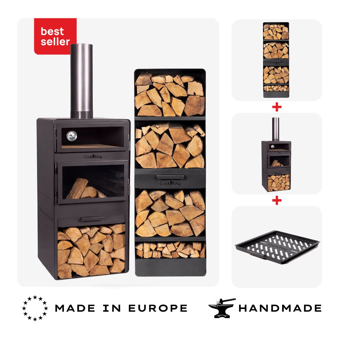 Gartenofen Vento mit Backofen + Rohstahlrost und Holzregal 120×40×30 cm – Übersicht des Sets aus Gartenofen, Holzregal und Rost