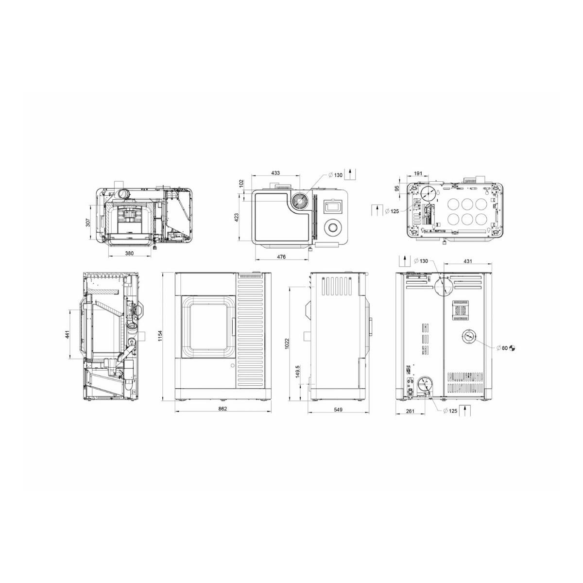 Technische Zeichnung Hybridofen Austroflamm Mo Duo Cook