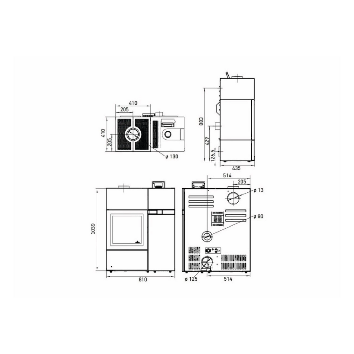 Technische Zeichnung Hybridofen Austroflamm Quadra Duo