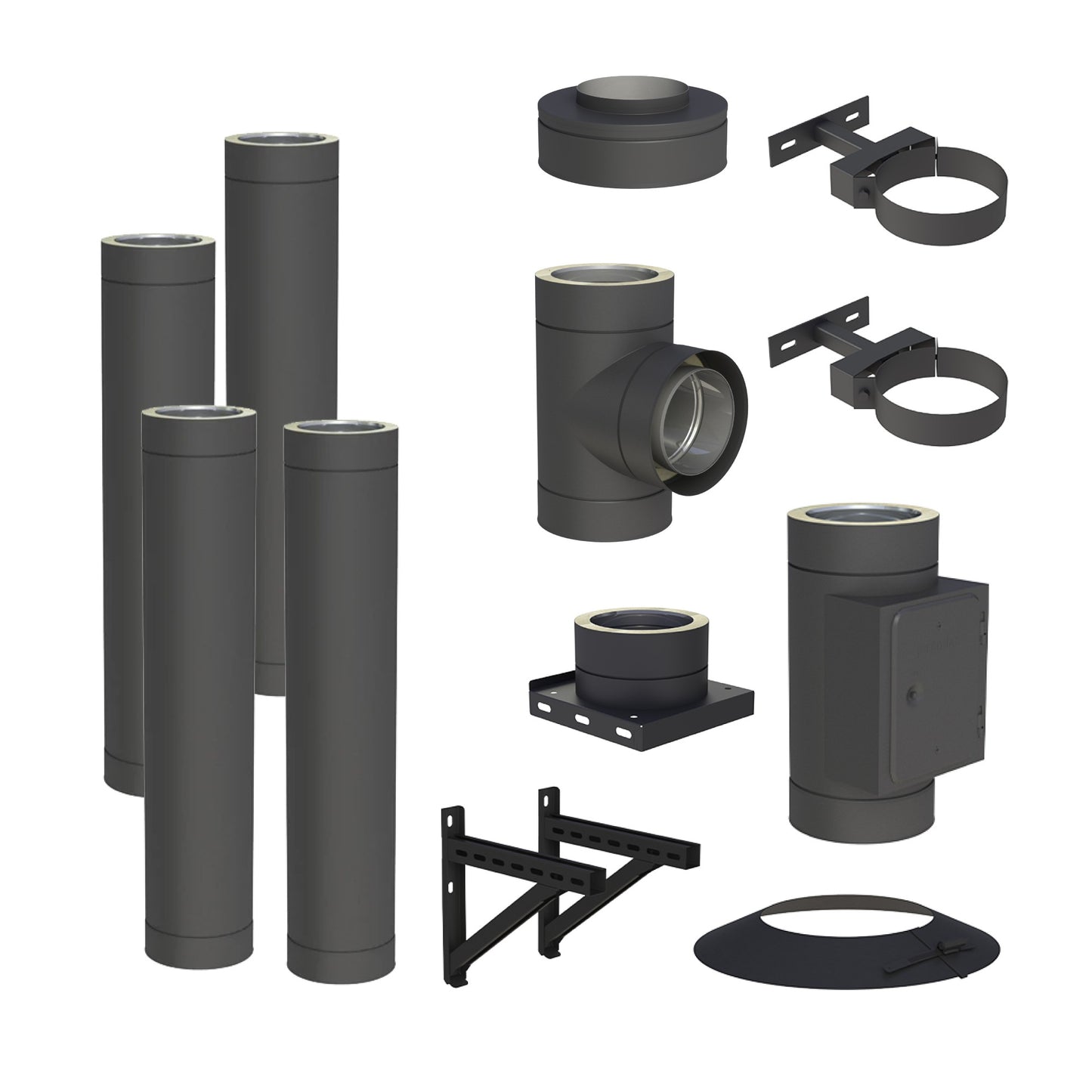 Jeremias DW-BLACK Edelstahlschornstein-Bausatz 4 m – dargestellter Lieferumfang