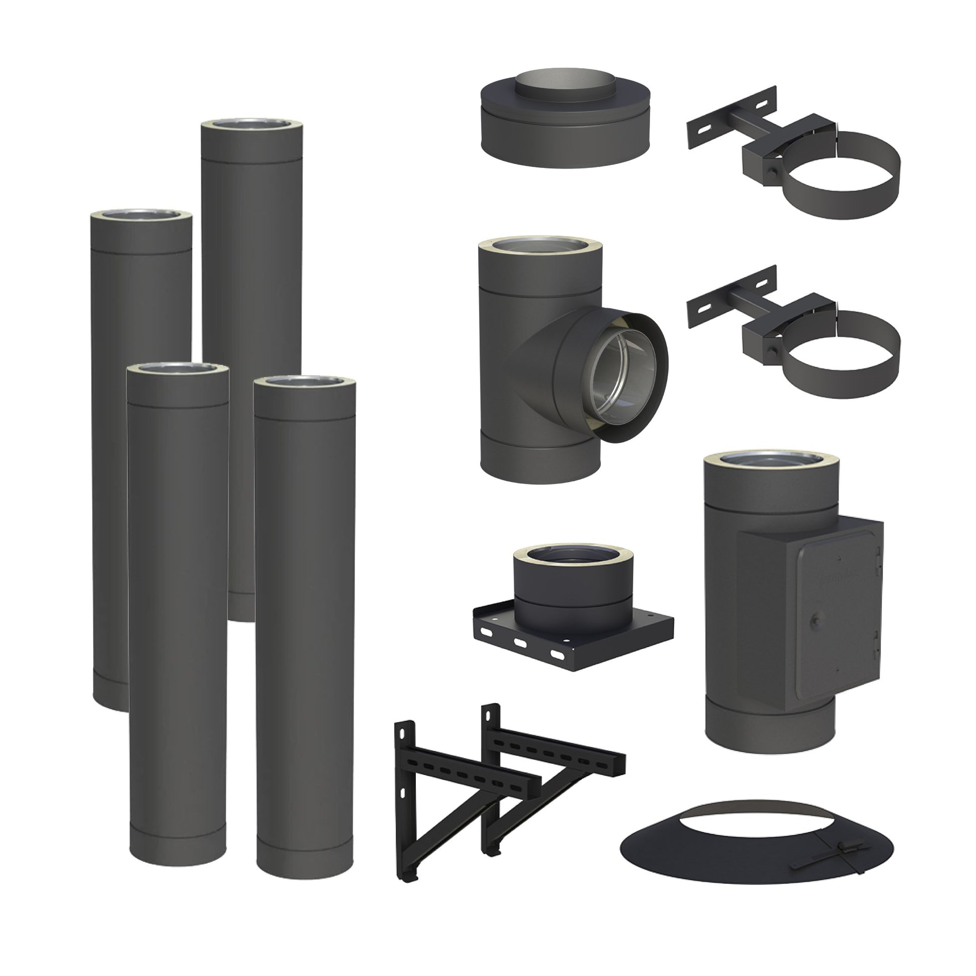 Jeremias DW-BLACK Edelstahlschornstein-Bausatz 4 m – dargestellter Lieferumfang