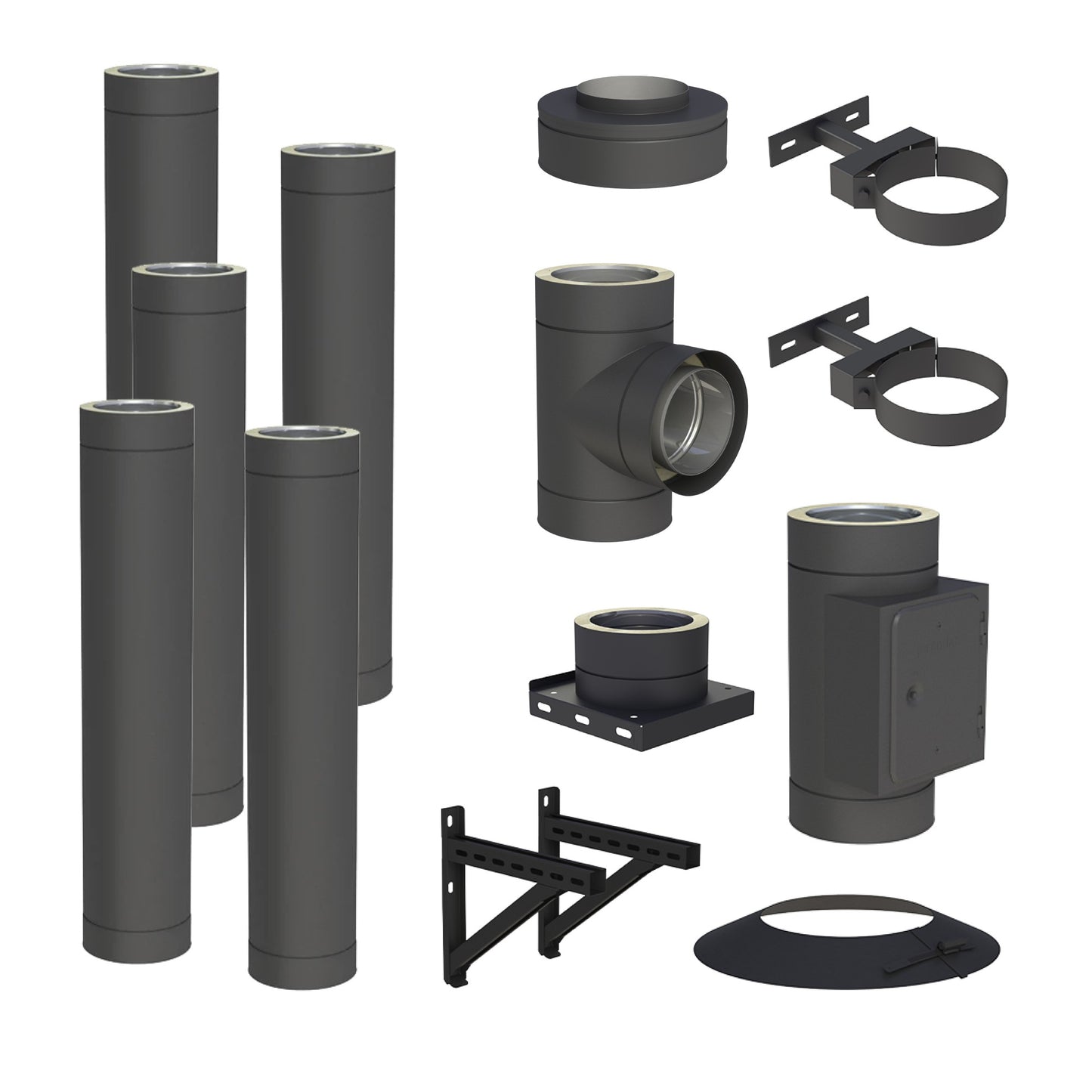 Jeremias DW-BLACK Edelstahlschornstein-Bausatz 5 m – dargestellter Lieferumfang