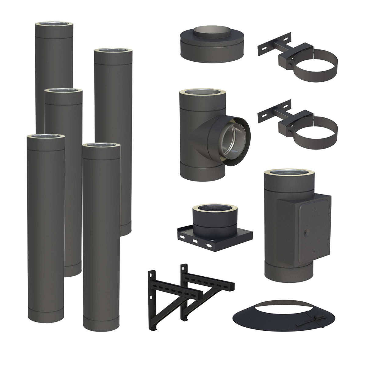 Jeremias DW-BLACK Edelstahlschornstein-Bausatz 5 m – dargestellter Lieferumfang