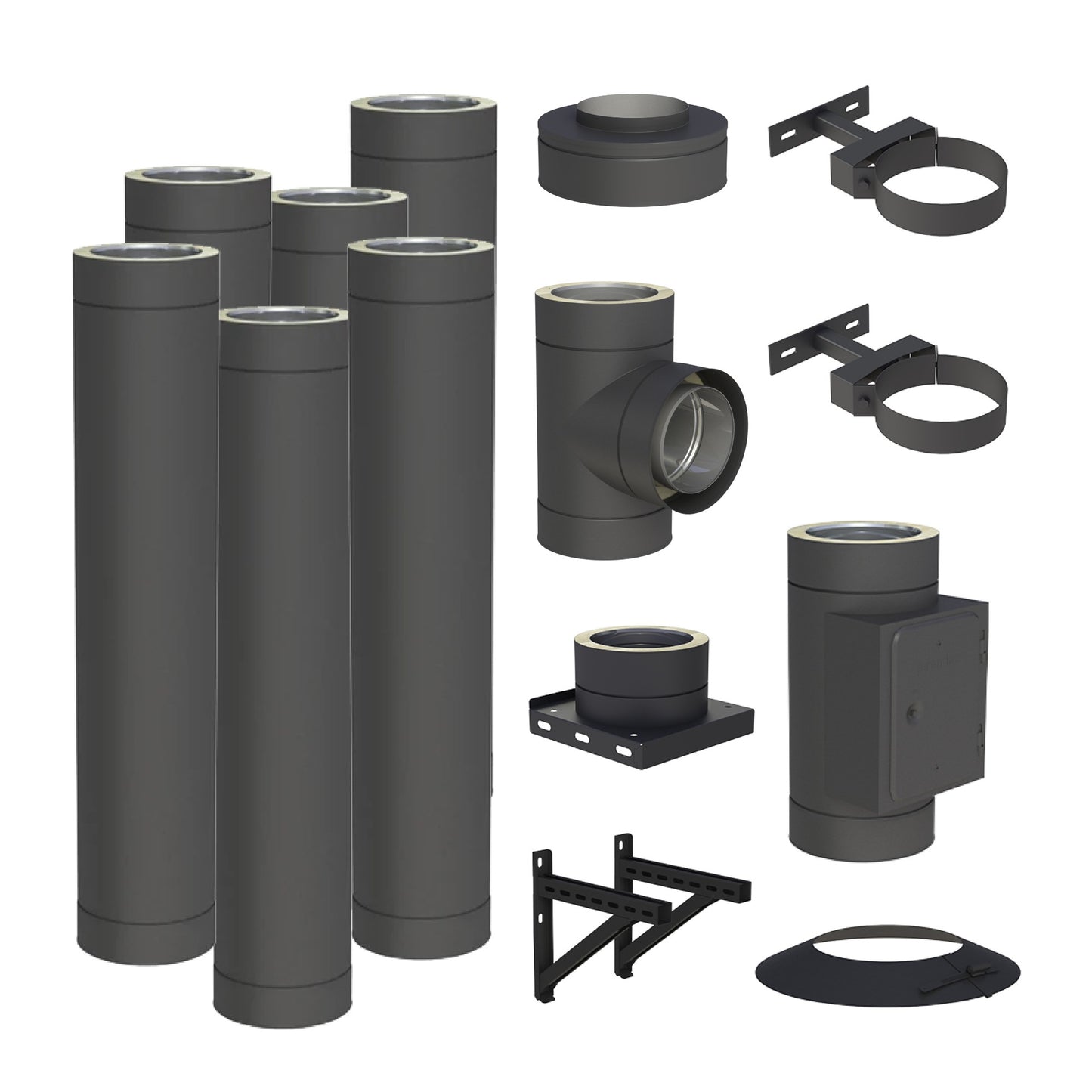 Jeremias DW-BLACK Edelstahlschornstein-Bausatz 6 m – dargestellter Lieferumfang